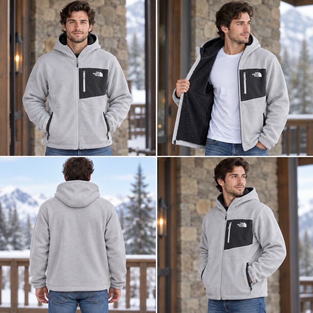 The North Face Men’s L Gray Sherpa Lined Full Zip Hooded Fleece Jacket